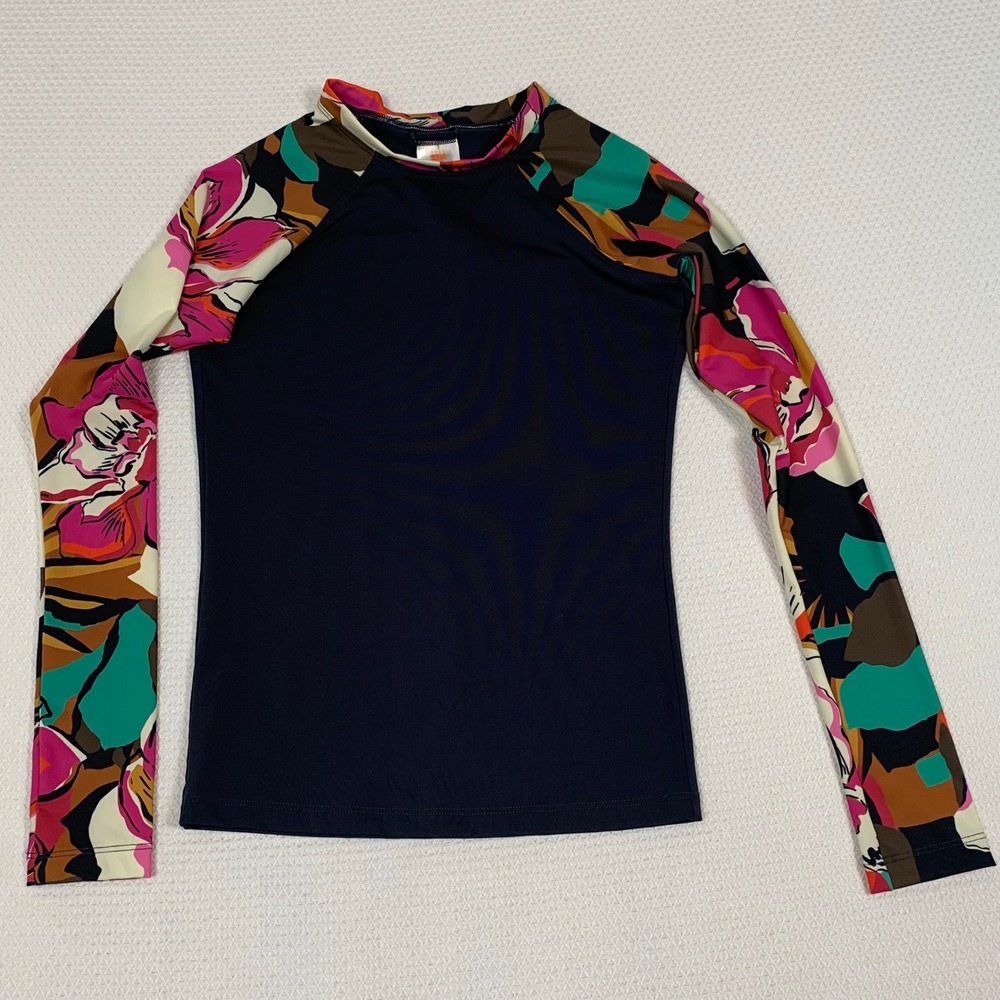 Billabong Womens M Navy Blue Floral Long Sleeve Rash Guard Swim Top XR17UBDA